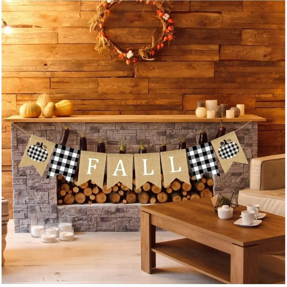 Fall Burlap Banner Buffalo Plaid Pumpkin Thanksgiving Garland 8.5ft Rustic Decor